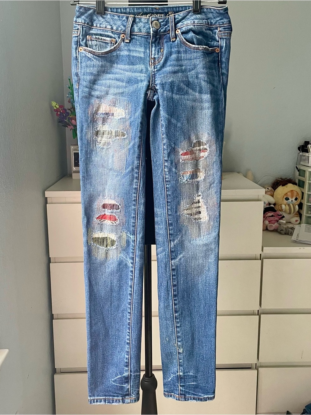 American Eagle Blue Distressed Patchwork Women's Skinny Jeans Size 0 2010